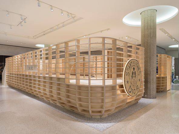 The wooden architectural modules recall the curves of a skateboard bowl